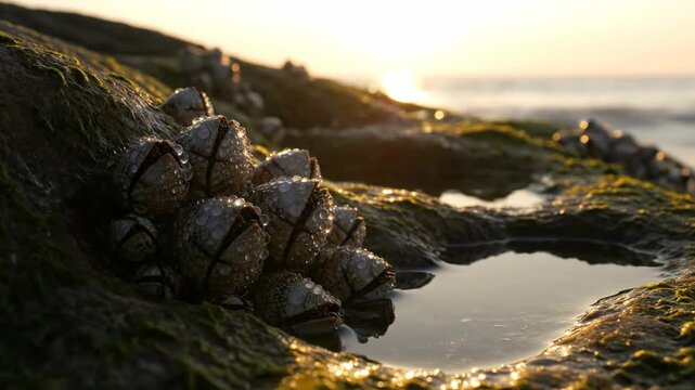 Barnacles on a rock at sunset while water reflects the golden light and waves gently lap the shore