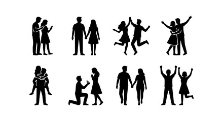 Obraz premium Couple Silhouettes, Romantic Pair Poses, Love Relationship Icons, Vector Set