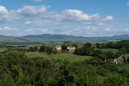 Panoramic Spring Landscape of Val d'Orcia Countryside from Castiglione d'Orcia, Tuscany

