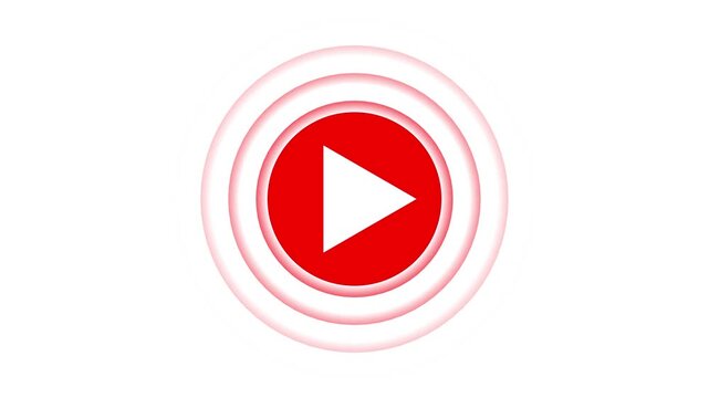 Red play button with pulsing concentric circles animation on white background, media player streaming.