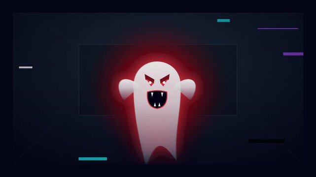 Glowing cartoon ghost character on digital scanline screen for Halloween