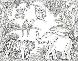 Fototapeta premium Cute wild animals in the jungle for children coloring book page illustration