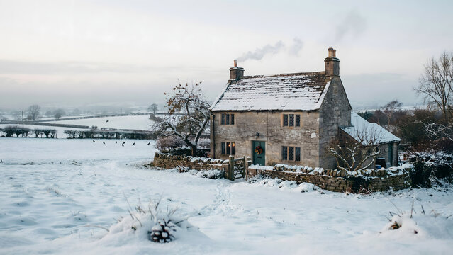 Traditional stone cottage in a snowy rural landscape with a smoking chimney and stone walls during a quiet winter afternoon in the country