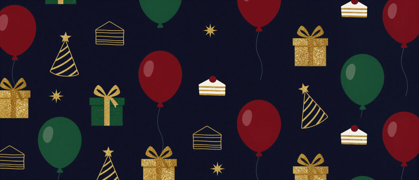 Luxury dark birthday pattern with glitter gifts balloons and hat