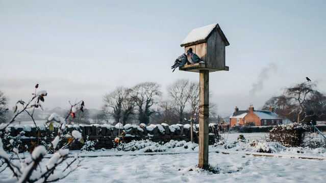 Two pigeons perched on a wooden birdhouse in a snowy garden with a stone wall and a distant brick house during a cold winter day in nature