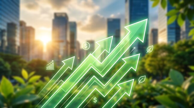 Green growth arrow chart showing rising financial success and sustainable development in a modern city business area