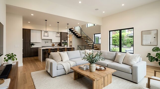 Modern luxury living room interior with a large sectional sofa and open kitchen area in a bright contemporary house