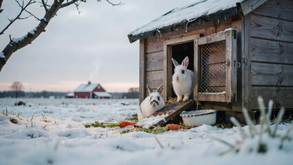 Naklejka premium Two white rabbits near a wooden hutch with carrots in a snowy farm field with a red barn in the background, under a winter sky