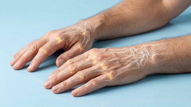 Medical illustration of human hands with skeletal overlay showing inflammation and pain in the finger and wrist joints
