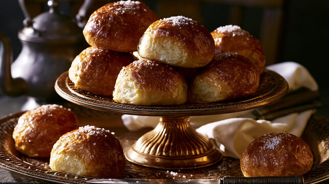 Freshly baked golden brown brioche bread rolls with sea salt flakes on a dessert stand, ready for serving during breakfast or dinner