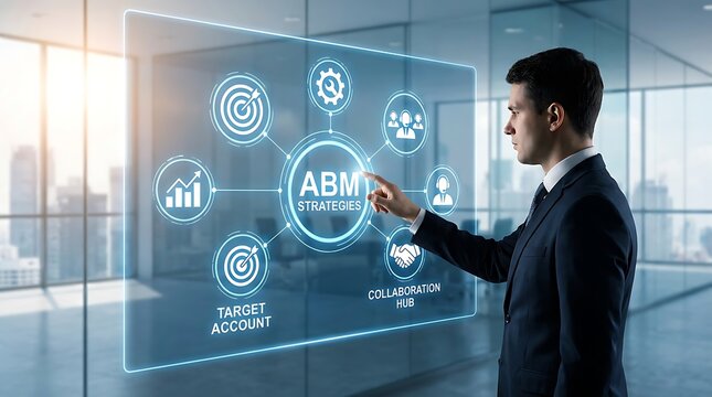 Businessman touching a digital screen showing account based marketing strategy icons in a modern office glass wall