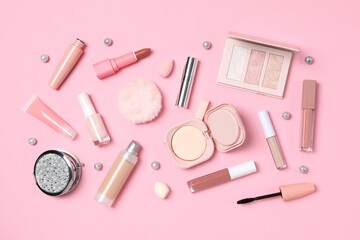 Naklejka premium Pink Beauty Cosmetics Flat Lay on Pastel Background