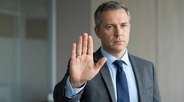 Serious mature businessman in a suit showing a stop hand gesture to signal rejection or warning in a professional office