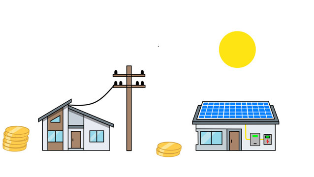 Comparison of traditional grid electricity and home solar panel system for saving money concept