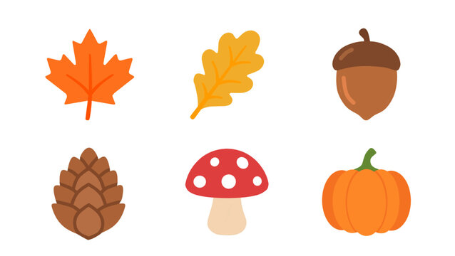 Autumn season flat vector icon set with leaves acorn pinecone mushroom and pumpkin