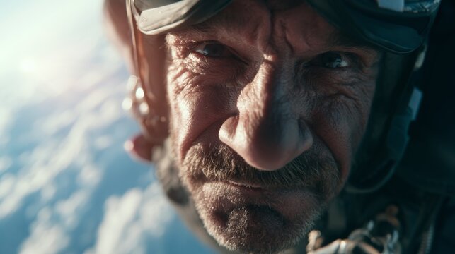 Portrait of a man skydiving.