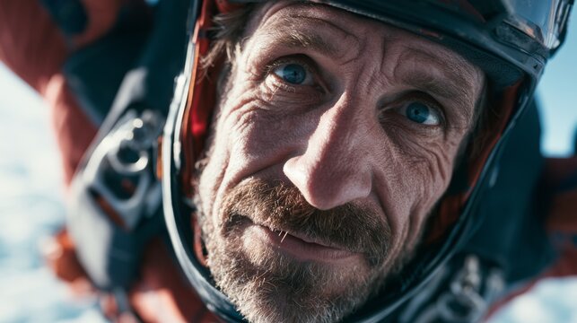 Portrait of a man skydiving.