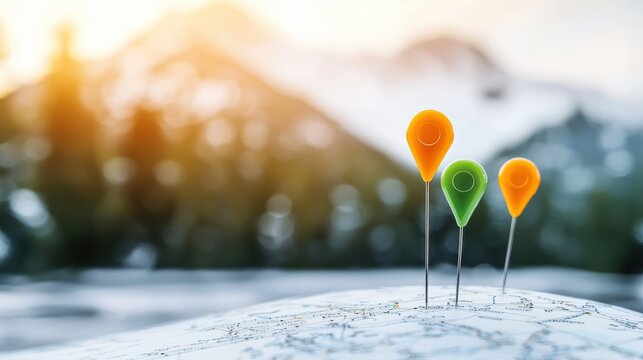 World Map Pin Location World map with multiple pins of different colors, representing various travel destinations or points of interest