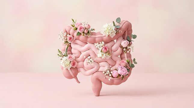 Human digestive system anatomy with blooming flowers and butterflies representing gut health and organic wellness