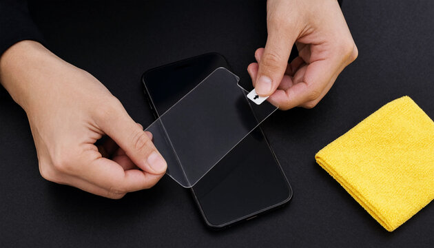 Person peeling black smartphone screen protector tab