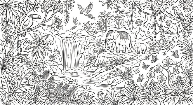 Jungle landscape with elephant and wild animals for coloring page