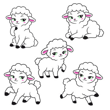 Cute Lamb Character Set with Five Playful Poses, Cartoon Sheep Vector Collection for Stickers, Nursery Art and Children&rsquo;s Illustration