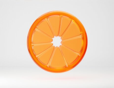 Centered translucent orange citrus slice with glossy rounded segments on a clean white background. Minimal 3D design suited for food, freshness, vitamin, and summer concepts.