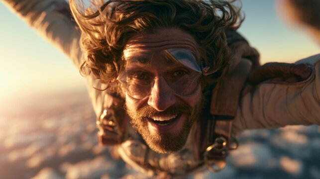 Portrait of a man skydiving.
