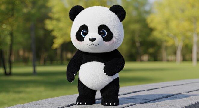 Cute 3D panda character standing on a park path.