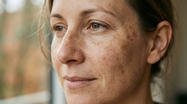 Close up portrait of a young woman with natural skin texture and freckles looking away in soft indoor morning light