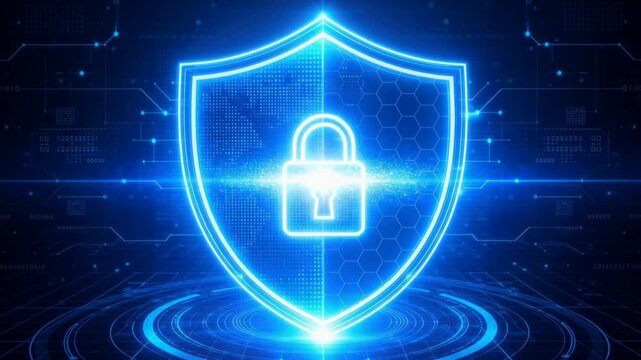 Glowing blue digital shield with lock symbol representing cybersecurity and data protection concept
