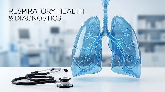 Medical stethoscope with blue human lungs illustration for respiratory health and diagnostics in a hospital clinic room
