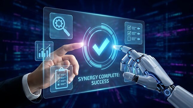 Human hand and robot hand touching a digital screen interface with a check mark icon showing synergy complete success