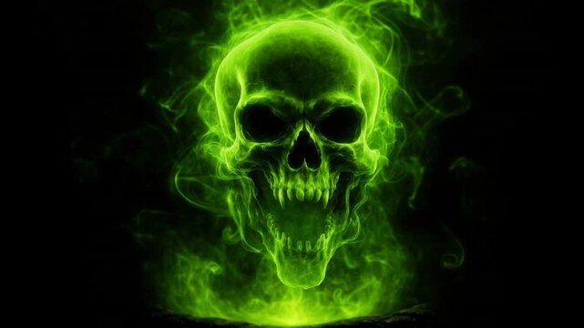 Glowing green smoky skull with eerie horror and spooky supernatural mystical atmosphere illustration