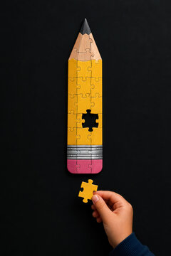 Child Holding Final Puzzle Piece to Complete Pencil Symbol of Learning and Education