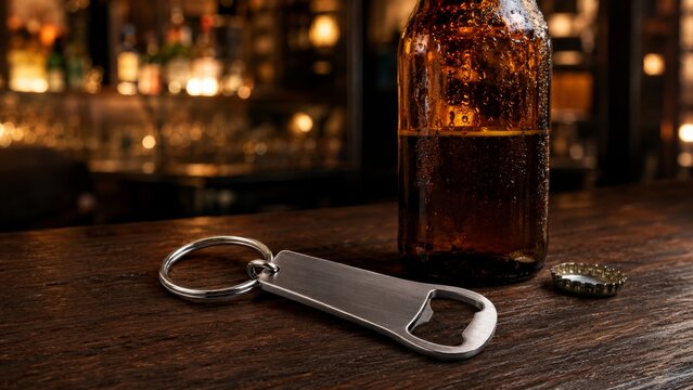 Beer bottle opener keychain eye level perspective with warm golden light and contemporary styling