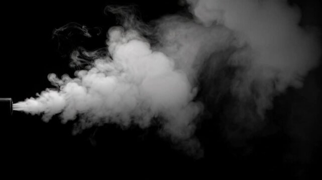 Thick white smoke or vapor cloud emerging from a pipe on black background