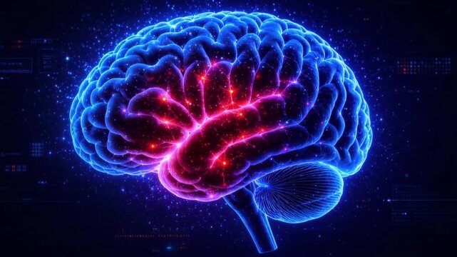 Glowing vibrant human brain with electric neural activity and digital data visualization in dark background