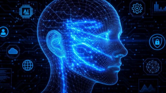 Futuristic digital human face with AI technology and data network concept in blue neon light