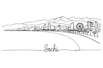 Obraz premium Sochi skyline continuous line vector illustration with beach, mountains and coastal cityscape