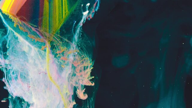 Macro motion showing bright yellow-green ribbon and multicolored pigment mass descending into deep navy liquid, producing turbulent plume, outward fanning, and delicate