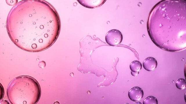 Close up of colorful liquid bubbles with pink and purple hues in abstract background