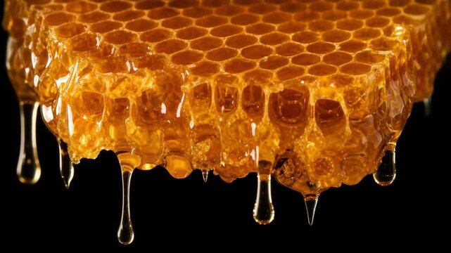 Close up of golden honey dripping from natural honeycomb with black background