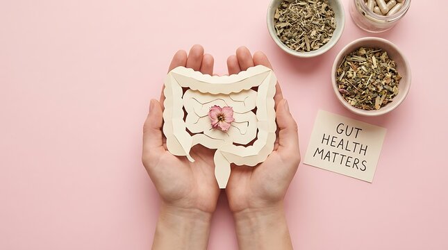 Hands holding a healthy human intestine model with bowls of fiber rich food and a gut health matters note on pink table