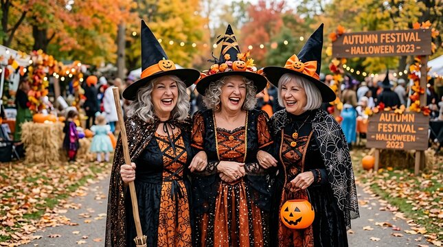 Three happy senior women wearing witch costumes and hats celebrating together at a fun outdoor autumn halloween festival