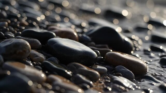 Smooth pebbles and water on a beach with glistening bokeh highlights in soft natural light