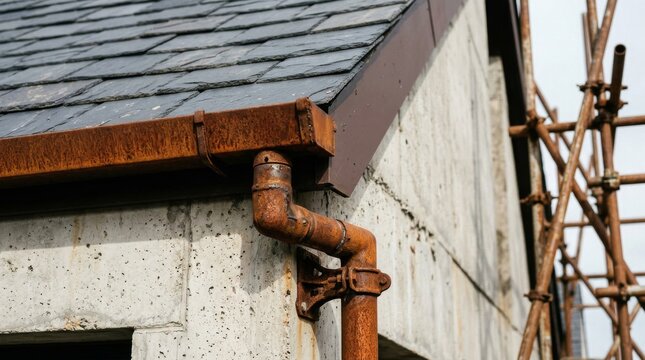 Rusty Metal Gutter and Downspout on a Construction Site with Scaffolding.