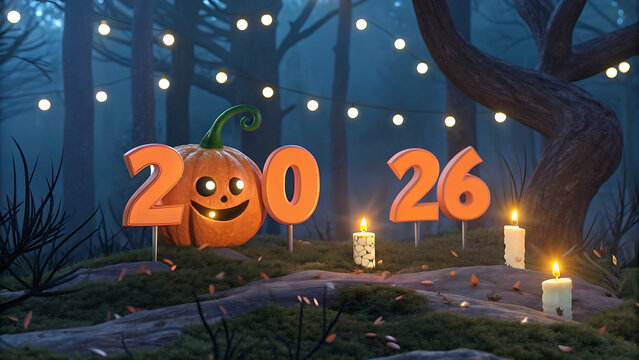 Jack o lantern pumpkin used as zero for 2026 halloween greeting with halloween