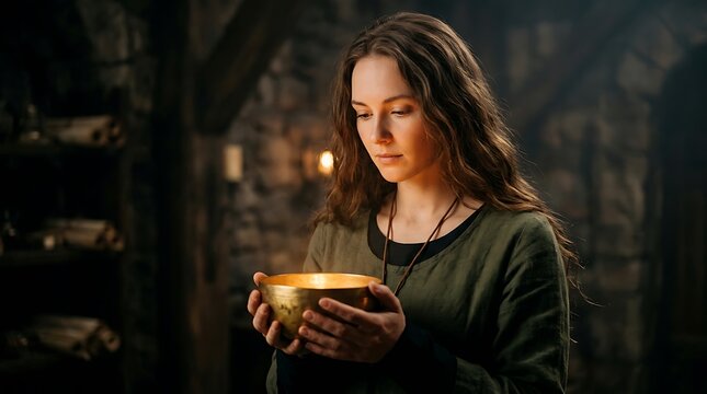 Beautiful young woman holding a glowing metal bowl with warm light in a dark rustic wooden cabin interior setting