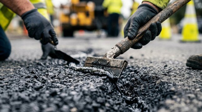 Road Construction Workers Repairing Pothole With Asphalt and Shovels.